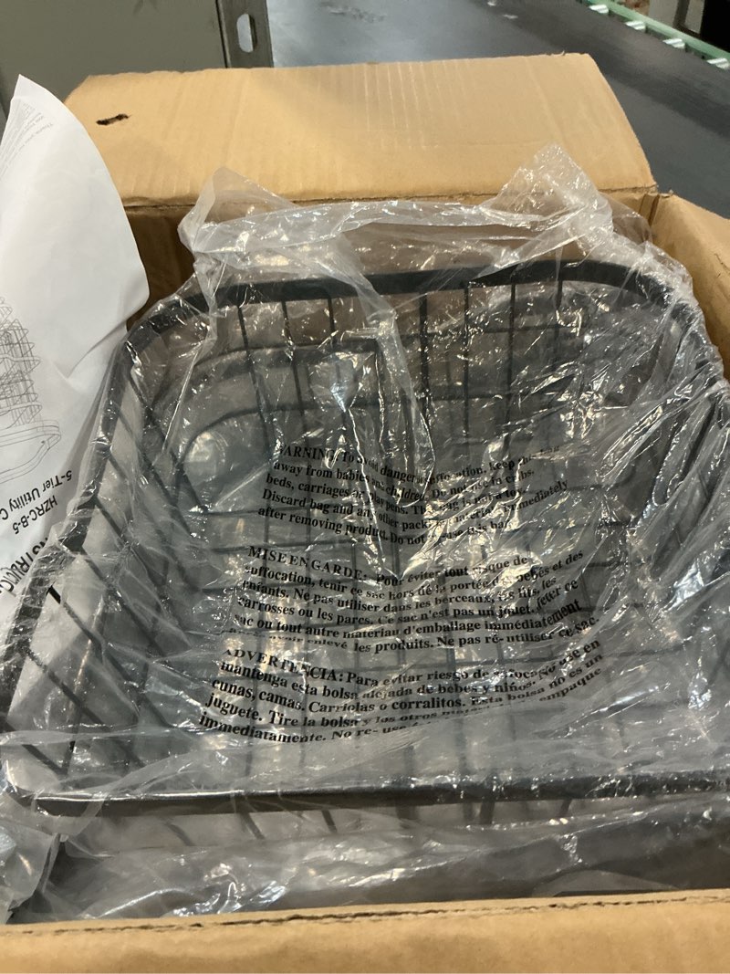 Condition photo showing Good Condition for Ocyfym 5 Tier Kitchen Fruit Vegetable Storage Cart with One-Piece Rotating Basket, Pantry Organizer Shelf Rack Floor Stand for Veggie Onion Potato Produce Spice, Rolling Snack Cart on Wheels, Black