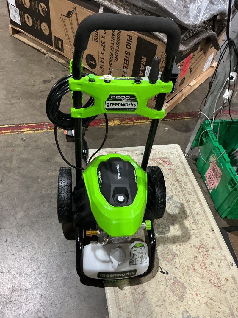 Condition photo showing As Is for greenworks 2200-psi 1.2-gpm cold water electric pressure washer with 4 spray tips