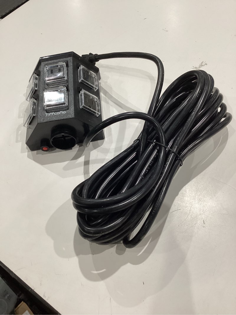 Condition photo showing As Is for iten incomplete)))))tiffcofio outdoor power strip with 50 ft extension cord, 100ft remote control, dusk to dawn light timer waterproof, 6 grounded outlets for yard, pool and garden, etl listed (50 ft))
