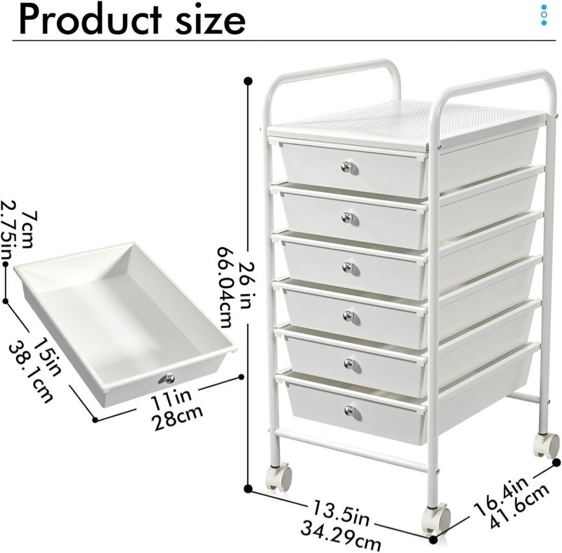 storage cart, rolling utility cart with 6 drawers,