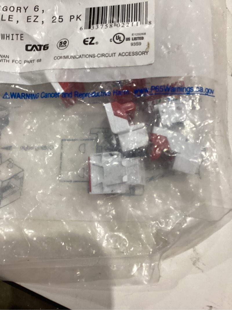 Condition photo showing As Is for ICC CAT6 Keystone Jack with Inline IDC No Pair Split Wiring (Easier Termination) UL Listed PoE++ TAA Compliant for Wall Plate or Patch Panel, Works with JackEasy Termination Tool, White, 25 Pack Pack of 25 White