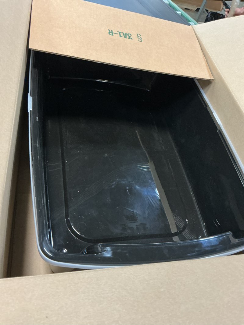 Condition photo showing As Is for iris usa cat litter box xx-large open top with high sided walls tall scatter shield scoop included easy clean plastic pan for big cats kittens multi-cat households 30"l x 20"w x 14"h black xxl black
