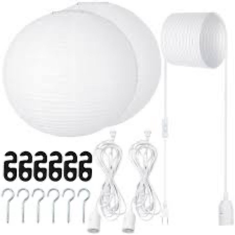 Rossesay 2 Sets Jumbo Round Paper Lanterns with Lamp Cord Cable White Hanging Paper Lanterns Chinese