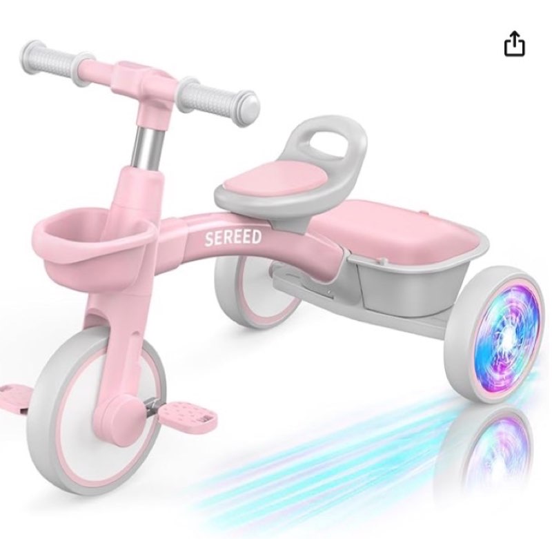 sereed colorful lighting toddler tricycle for 2-5 years old girls, adjustable seat&handlebar trike, removable basket, birthday gift idea for kids ages 2+ (pink)