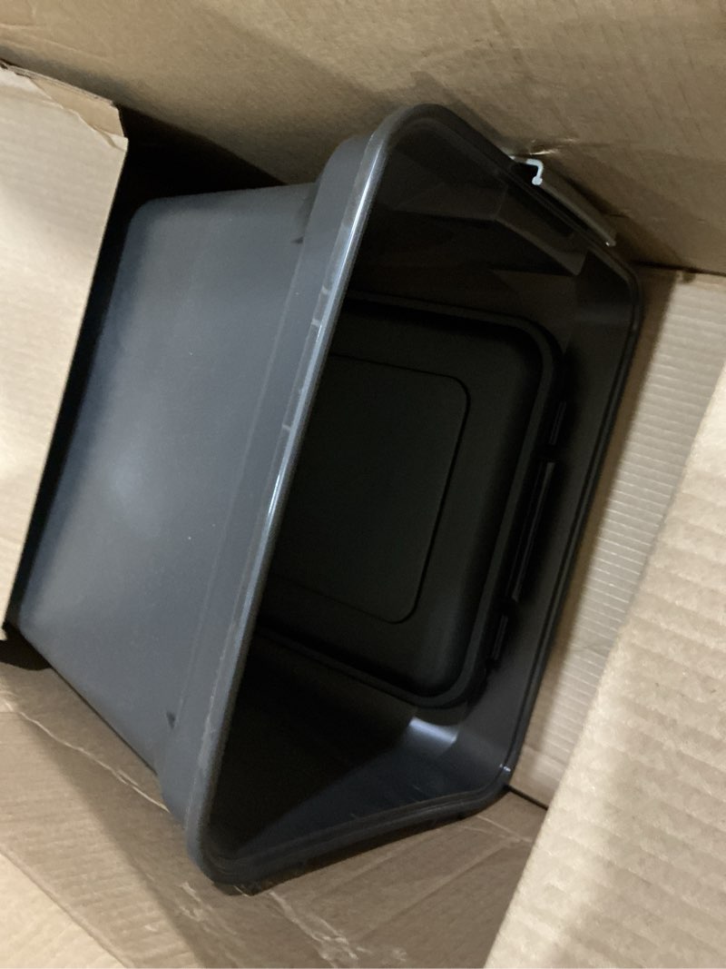 Condition photo showing As Is for iris usa airtight dog food storage container, weatherpro, up to 40 lbs, removable wheels, for dog cat bird and other pet food storage bin, keep fresh, translucent body, made in usa, smoke/black 40 lbs smoke