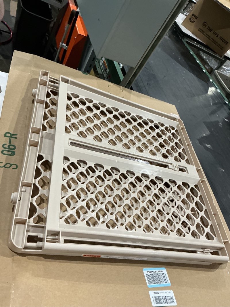 Condition photo showing As Is for north states pet gate iii pressure mounted white, gray