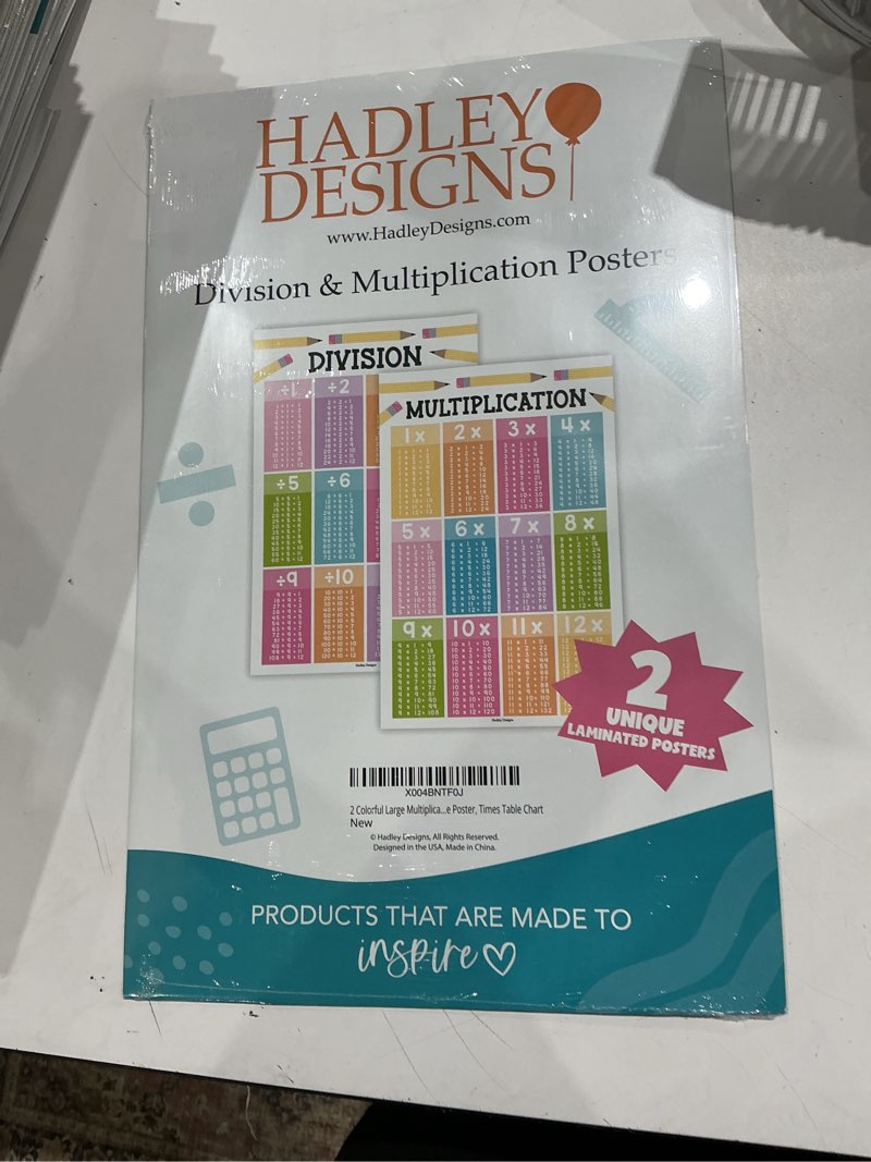 Condition photo showing New/Like New for 2 large multiplication and division posters for wall – multiplication chart poster & times table chart, division table & math poster, classroom and kids learning decor, colorful pastel classroom decor