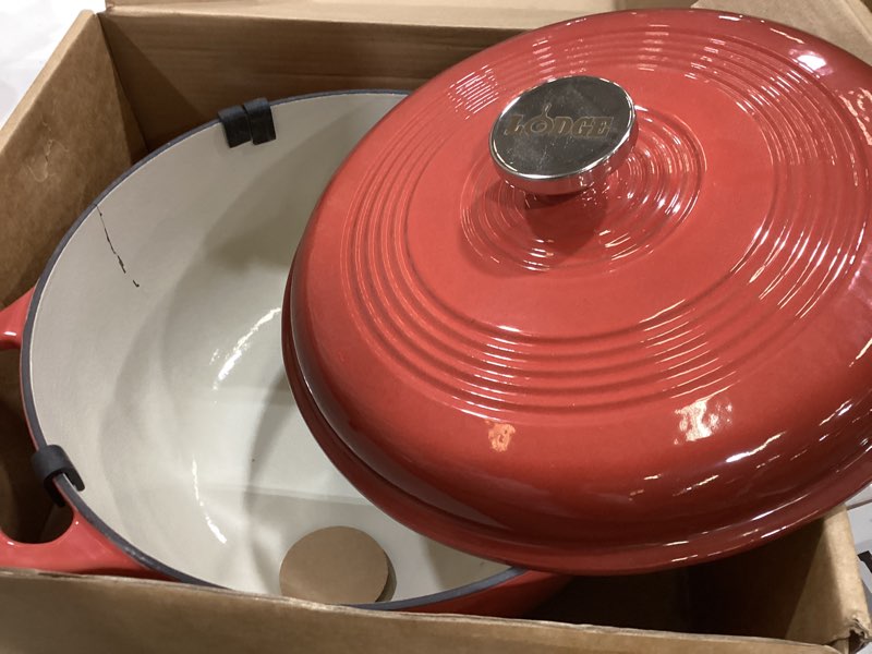 Condition photo showing As Is for lodge essential enamel cast iron dutch oven 6 quarts - perfect for bread baking, braising, marinating & slow cooking, features moisture-sealing lid & dual handles, kitchen essentials, poppy 6 qt poppy