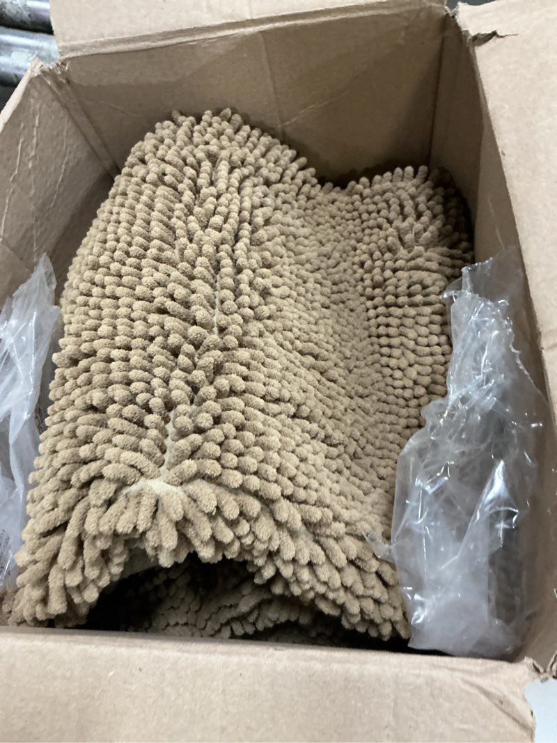 Condition photo showing Good Condition for olanly dog door mat for muddy paws 59x35, absorbs moisture and dirt, absorbent non-slip washable doormat, quick dry chenille mud mat for dogs, entry indoor entryway carpet for inside floor, tan tan solid 59" x 35"