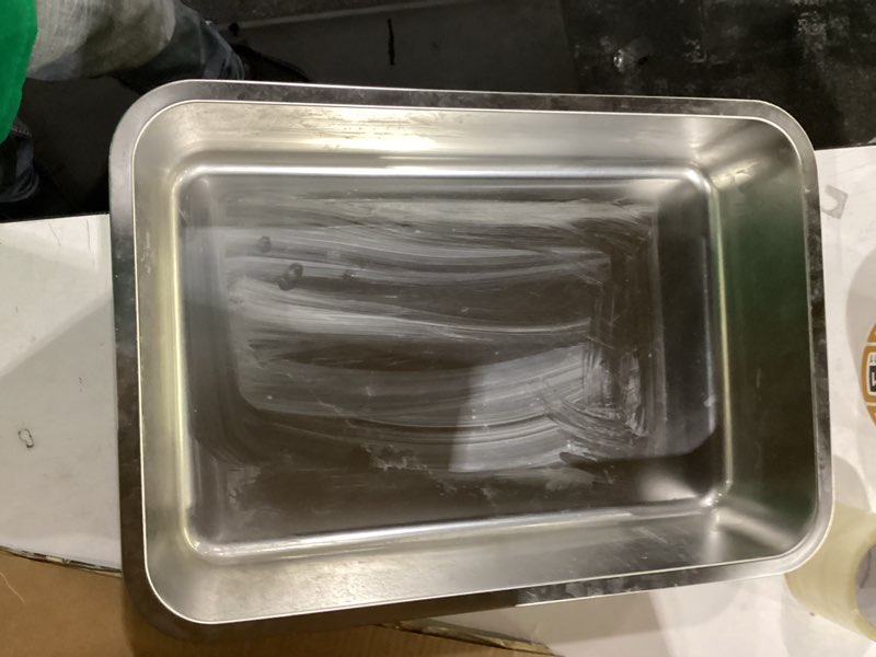 Condition photo showing As Is for kirecoo stainless steel litter box, large low entry metal cat pan box, indoor litter tray, non stick, no smell, easy to clean, pet toilet supplies for cats