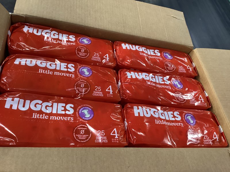 Condition photo showing New/Like New for huggies size 4 diapers, little movers baby diapers, size 4 (22-37 lbs), 150 count (6 packs of 25), packaging may vary size 4 150