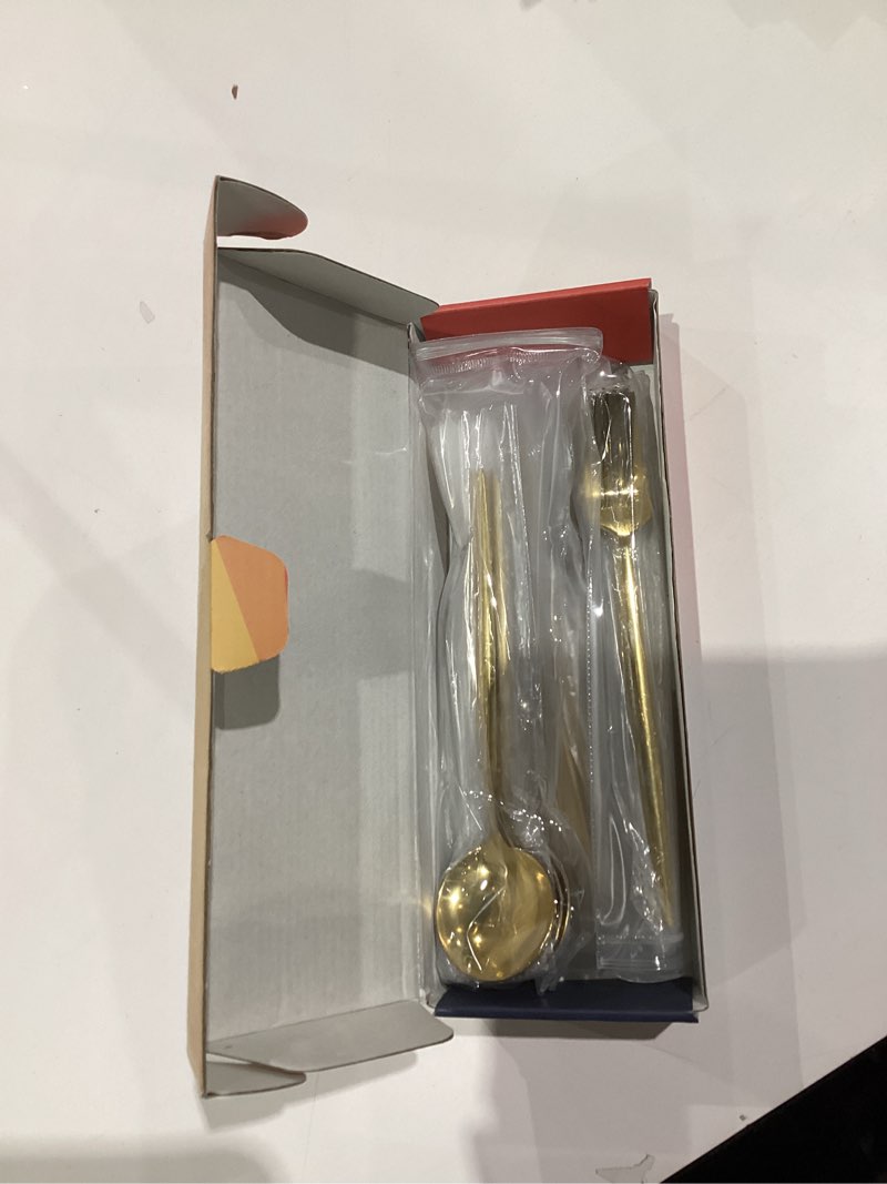 Condition photo showing New/Like New for Mirror Polished Black Silverware Set,24-Piece 304 Stainless Steel Satin Finish Flatware Set,Kitchen Utensil Set,Tableware Cutlery Set for Home and Restaurant, Dishwasher Safe Service For 6 Gold