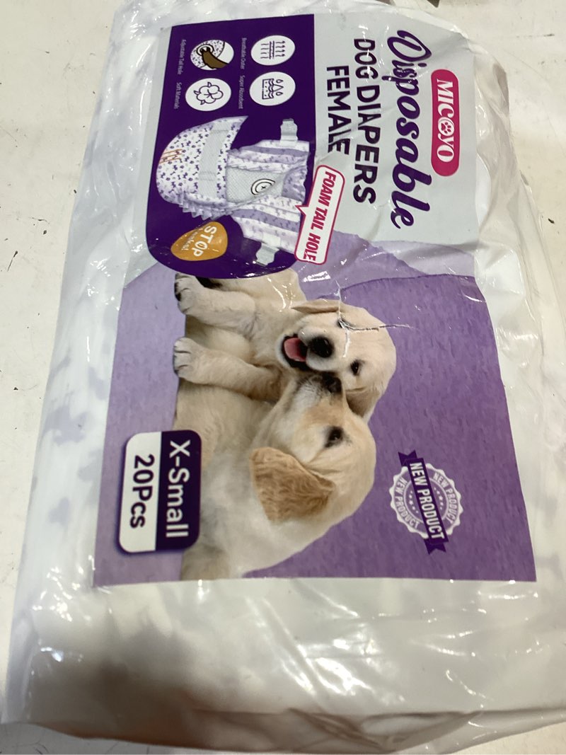 Condition photo showing New/Like New for micooyo disposable dog diapers female, doggie diapers for dogs female, super absorbent pet diaper with foam tail hole for heat, comfortable puppy diaper (20count, x-small) x-small 20.0