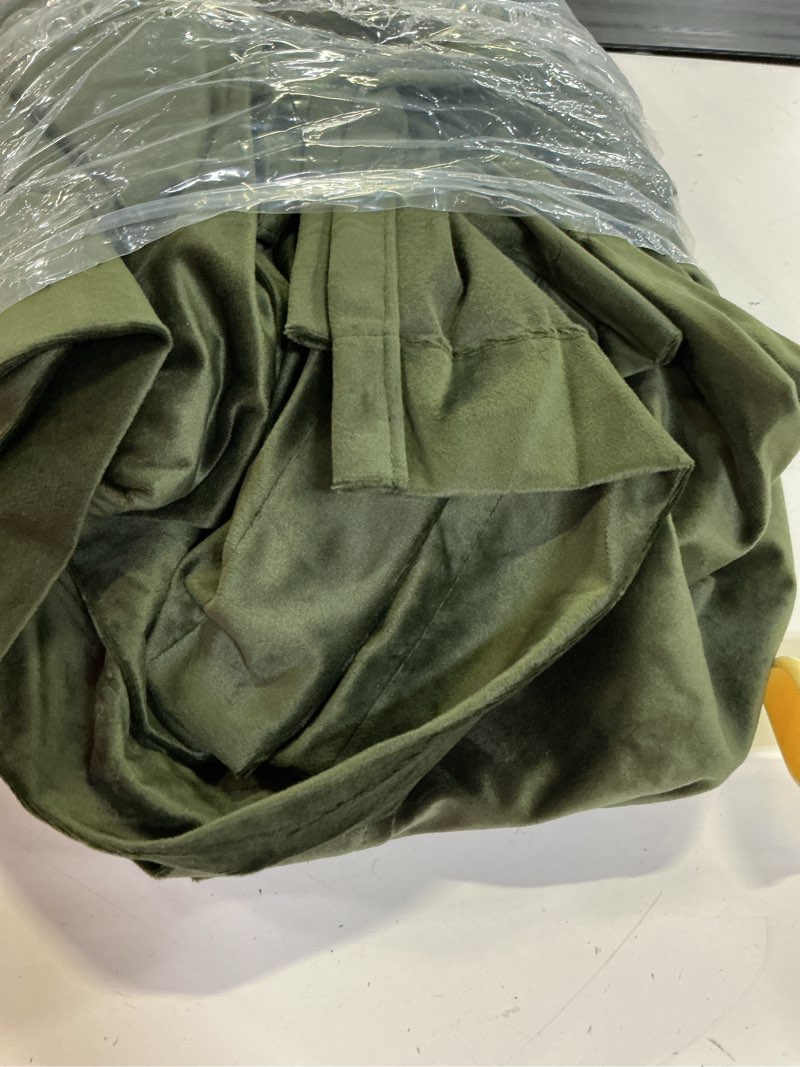 Condition photo showing As Is for bgment olive green velvet curtains 96 inches for living room, thermal insulated blackout curtains room darkening drapes with back tab and rod pocket for french door, set of 2 panels, 52 x 96 inch 52"w x 96"l (pack of 2) olive green
