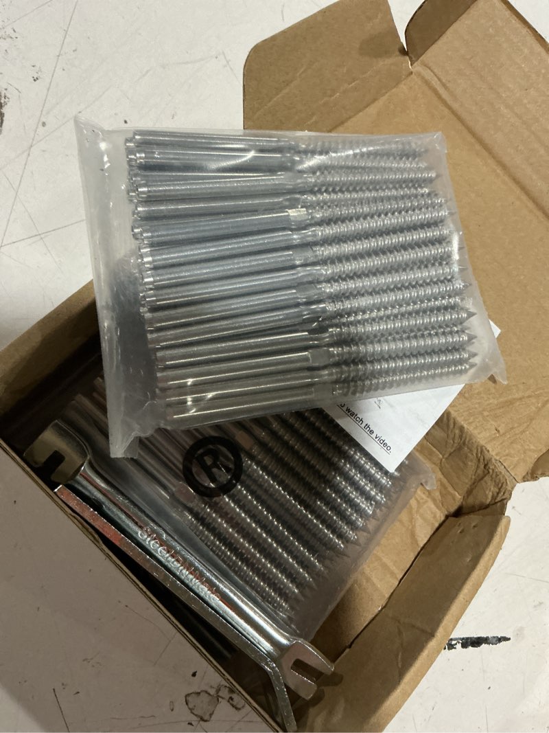 Condition photo showing Good Condition for steel dn mate 100 pack t316 stainless steel right&left handed thread swage lag screws for wood post of 1/8" steel cable railing kit, cable railing hardware, diy deck railings, wrench include-dm50 silver 100