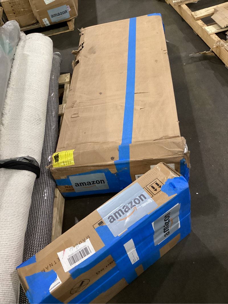 Condition photo showing As Is for DWVO L Shaped Desk with Drawers, 65\" Computer Desk with Power Outlets & LED Lights, Corner Home Office Desk with Storage Shelves & Printer Stand, White(2 boxes)