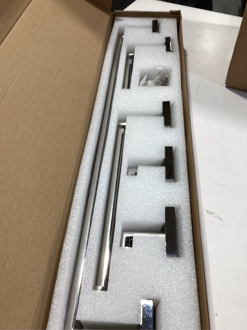 Condition photo showing Good Condition for aplusee bathroom accessories set 5 pieces polished chrome, 304 stainless steel paper roll holder, towel holder, 2 robe hooks, 23.7-in towel bar, wall mounted