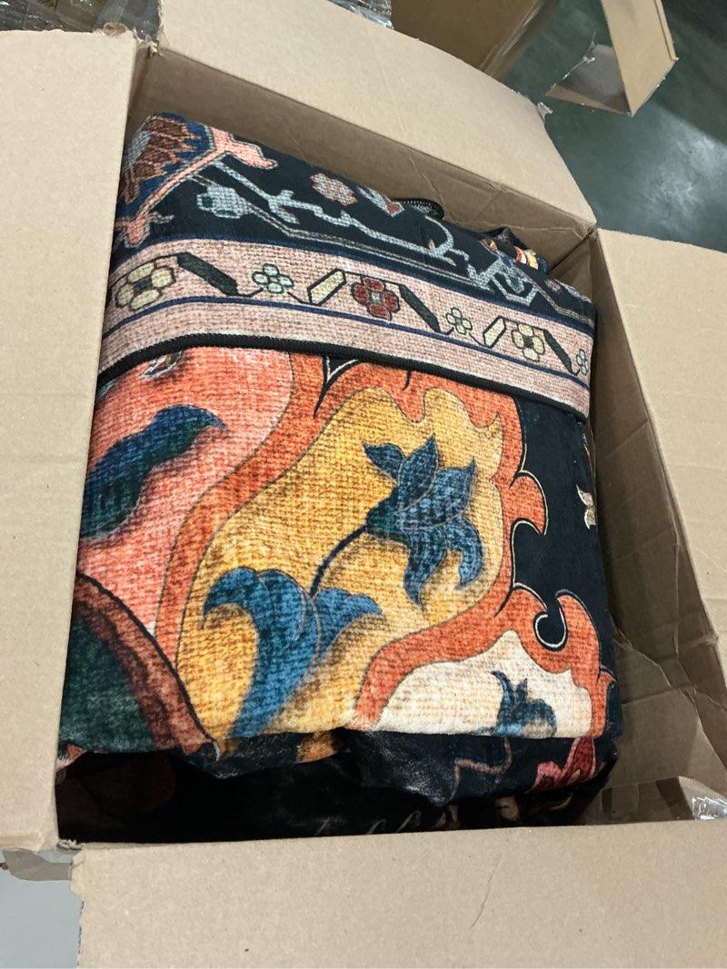 Condition photo showing As Is for Area Rugs 8'x10' Washable Non-Slip, Floral Vintage Distress Print Pattern Medallion Carpet for Living Room Bedroom Dining Room, Black Colorful Floral Dark Tan