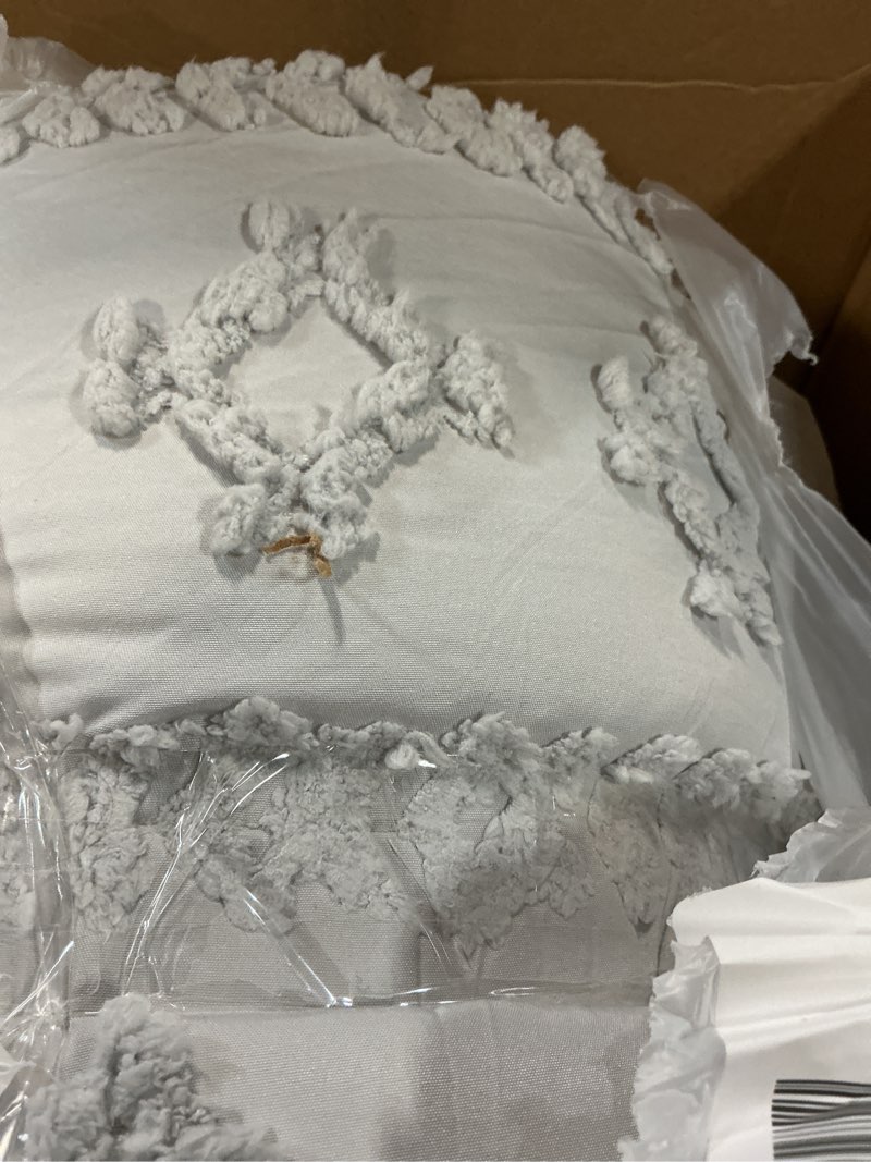 Condition photo showing As Is for Bedsure Tufted Boho Comforter Set King Size - Light Grey Boho Bed Set, GentleSoft™ 3 Pieces Farmhouse Shabby Chic Embroidery Bedding, Gifts for Woman, Soft Jacquard King Comforter for All Seasons King 18 - Light Grey - Elegant