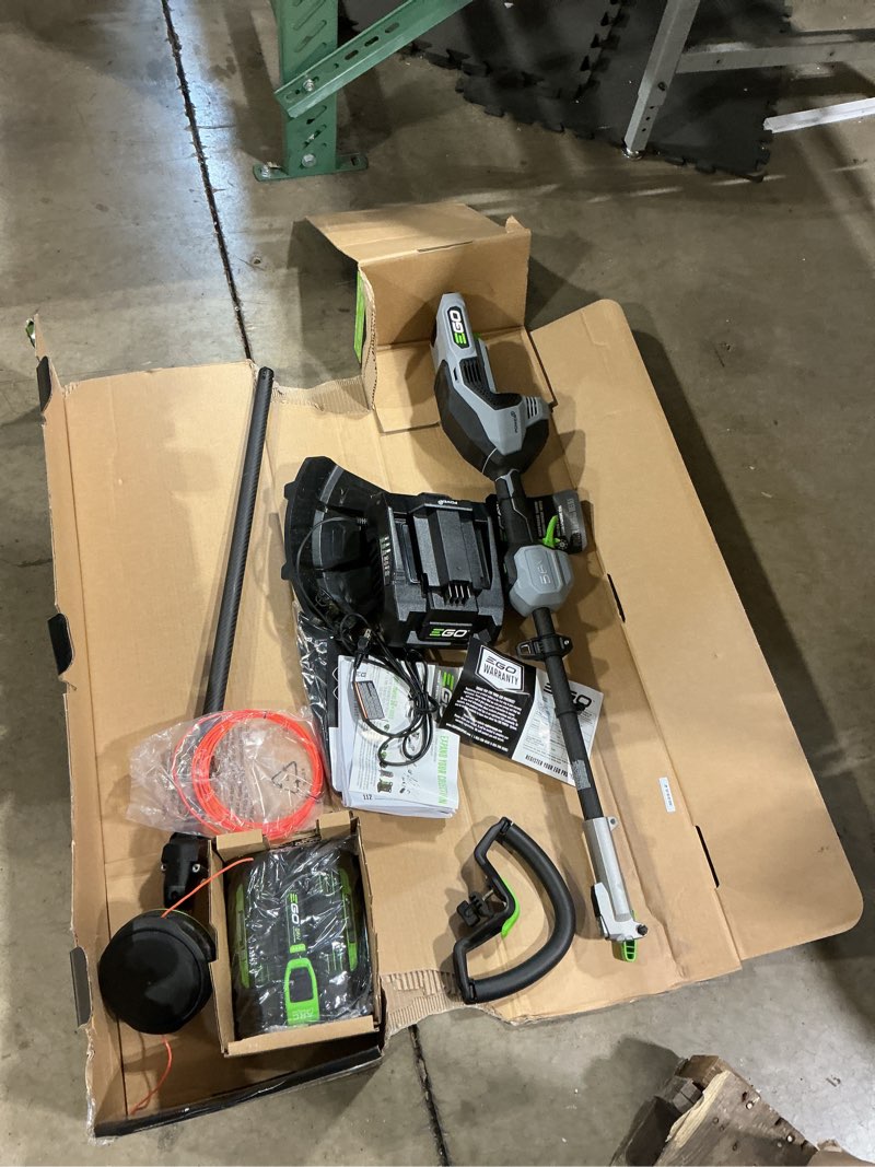 Condition photo showing As Is for ego power+ multi-head system with line iq, powerload 56-volt 17-in straight shaft attachment capable battery string trimmer 5 ah (battery included) (charger included)