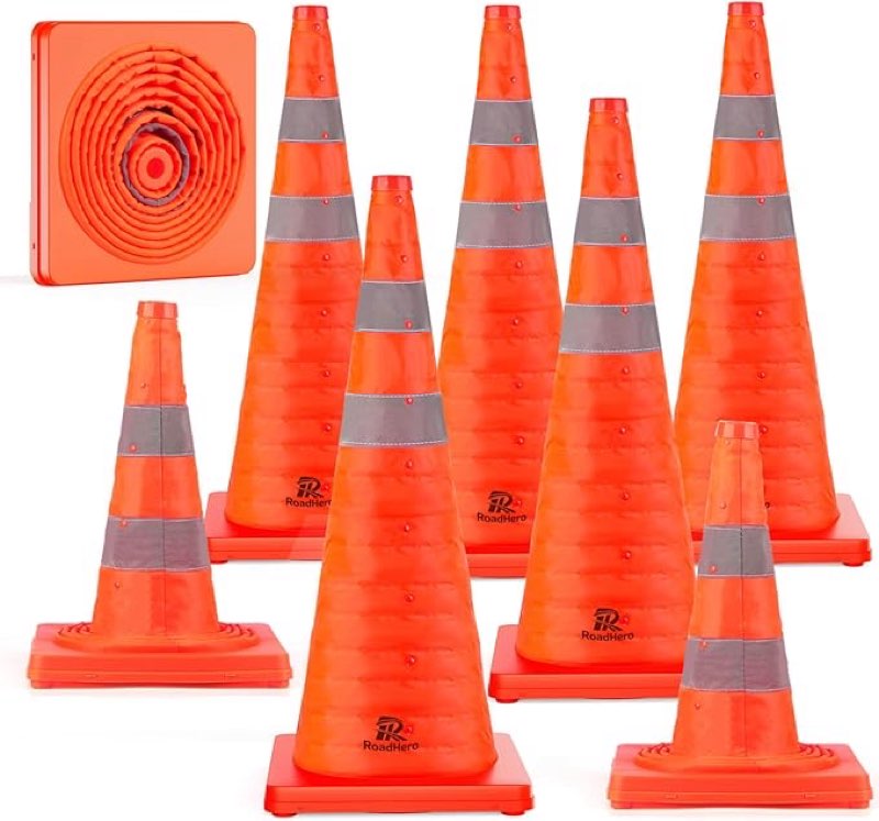 RoadHero 28 Inch [8 Pack] Collapsible Traffic Cones, Multi Purpose Pop-up Orange Cones with Reflective Collar for Road Safety, Parking Cones for Sports, Driving Training