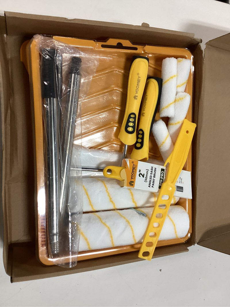 Condition photo showing New/Like New for voomey paint roller kit with extension pole - 9 inch paint roller with tray, mini paint roller 4 inch, small paint brush, 16 piece complete painting tool set suitable for house & wall painting 16 pcs paint roller kit