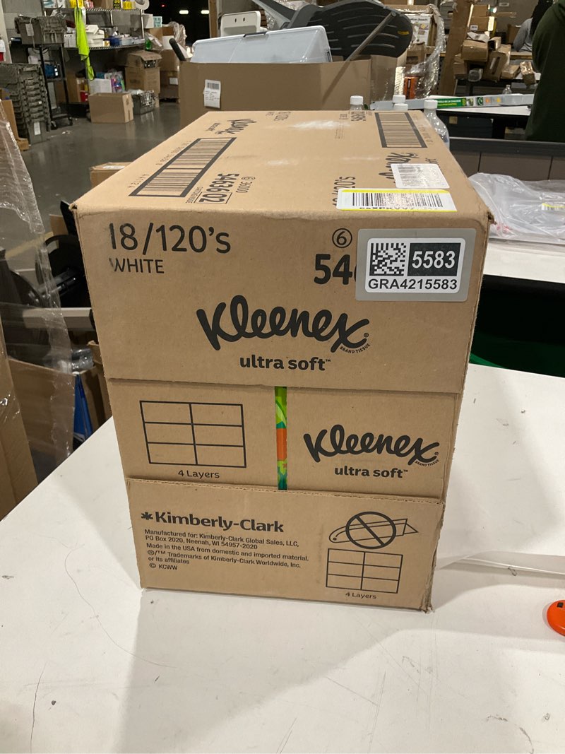 Condition photo showing New/Like New for kleenex ultra soft facial tissues, 18 flat boxes, 120 tissues per box, 3-ply (2,160 total), packaging may vary white 120 tissues (pack of 18)