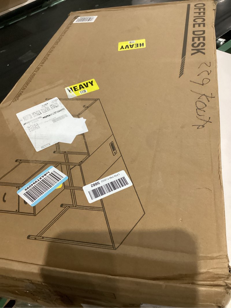 Condition photo showing As Is for t-shaped 2 person desk with power outlet, long two person gaming table with led & fabric drawers, 81.2'' computer desks with file cabinet, double workstation for home office, rustic brown rustic brown 81.2''