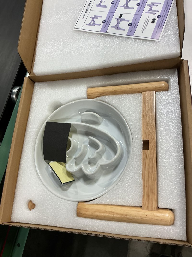 Condition photo showing New/Like New for LE TAUCI Ceramic Slow Feeder Dog Bowls Elevated, 1.5 Cups Raised Dog Bowl with Wooden Stand for Small Medium Breed to Slow Down Eating, Puzzle Food Bowl,Angel White M-1.5 Cups Angle White+Stand