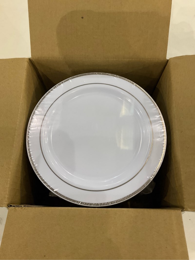 Condition photo showing New/Like New for bUCLA 100Pieces Silver Plastic Plates - 6.25inch White with Silver Rim Disposable Salad/Dessert/Appetizer/Small Cake Plates for Weddings, Christmas, Parties&Gathering 6.25Inch-100pcs-Silver