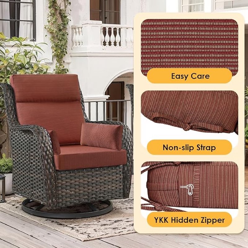 outdoor high back chair cushion, 2 pack 48 x 24 inches patio chair cushions water repellent rocking cushions indoor furniture seat pad with 2 pillows, dark yellow tan stripe