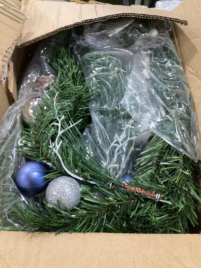 Condition photo showing New/Like New for LinTimes Christmas Garland with 20 LED Lights, 6 FT Pre-lit Silver White Xmas Garland with Bow-Knot Ball Ornaments, Battery Operated Garland with Timer for Mantle Staircase Table Decoration