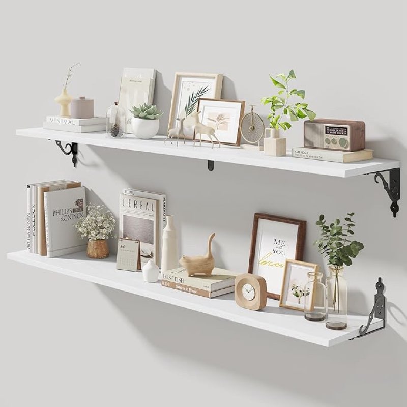 Fun Memories Large Floating Shelves for Wall 48 Inches Long, 8 Inch Deep Shelves with Metal Bracket, 48 Inch Floating Shelves Wall-Mounted, Wide Display & Storage Bookshelves, White, Set of 2