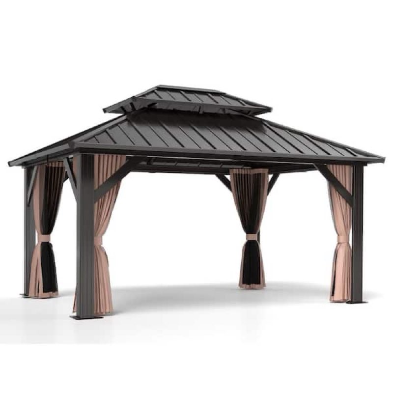 16 ft. W x 12 ft. D Outdoor Galvanized Steel Black Double Roof Patio Gazebo(incomplete box 3/5)