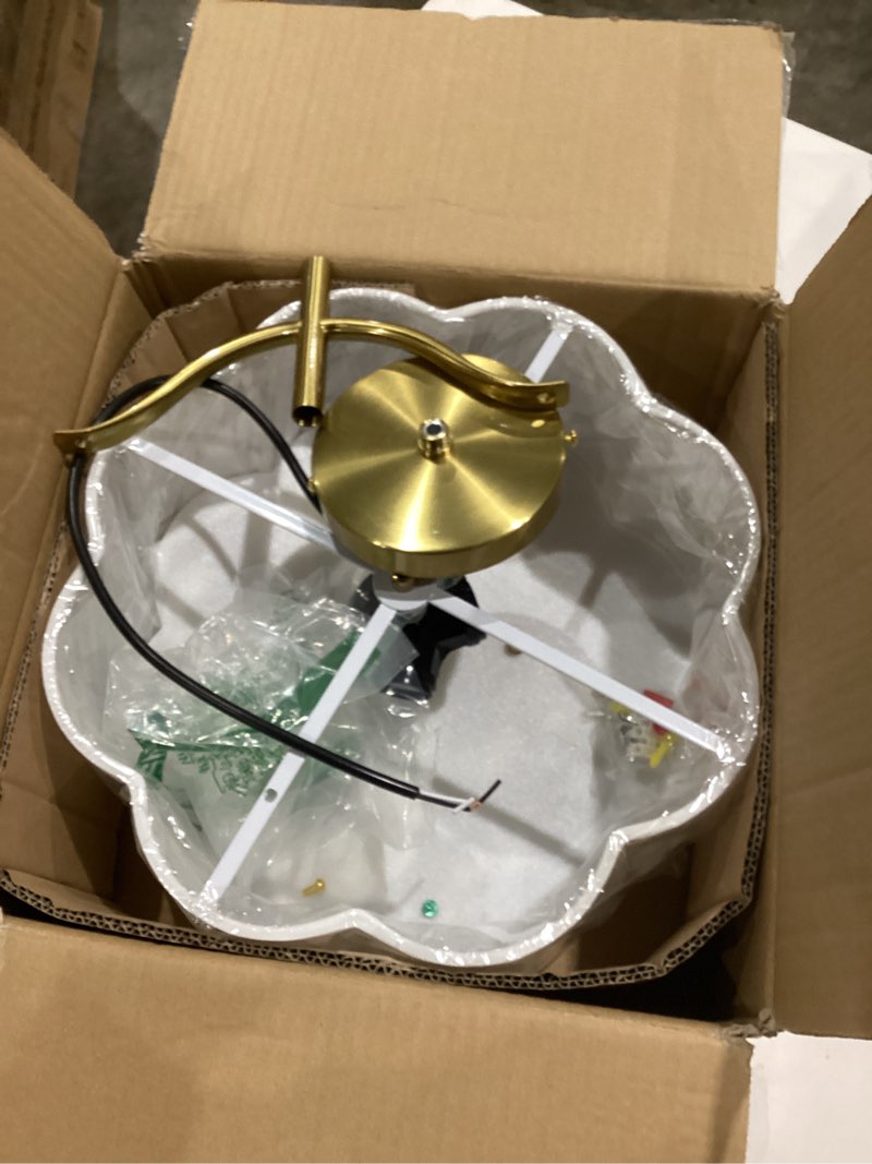 Condition photo showing As Is for gold semi flush mount ceiling light, 3-light 12.5" ceiling lighting fixtures with fabric shade in flower shape, farmhouse brass drum lights for nursery hallway bedroom, ad-22007-3sf-gd gold, flower shade 12.6", single shade