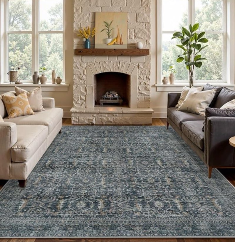 Collive Washable Area Rug 8x10, Vintage Distressed Rugs for Living Room Rugs 8x10 Non Slip Modern Bedroom Carpet Stain Resistant Aesthetic Print Accent Floor Mat for Dining Office - Blue/Grey similar