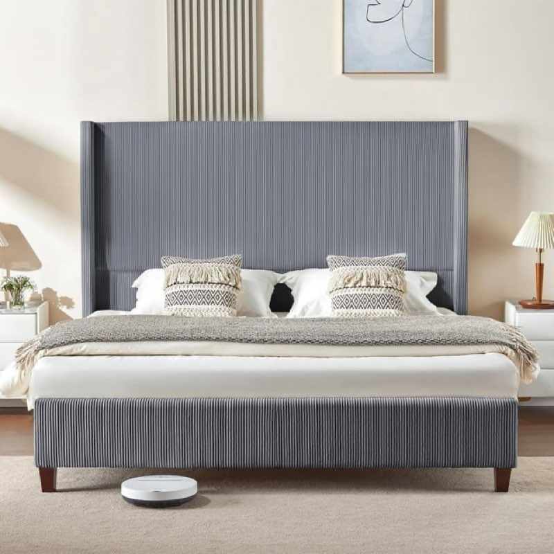 vanacc king size platform bed frame with 62" headboard corduroy upholstered bed/wingback/no box spring needed/noise free/grey