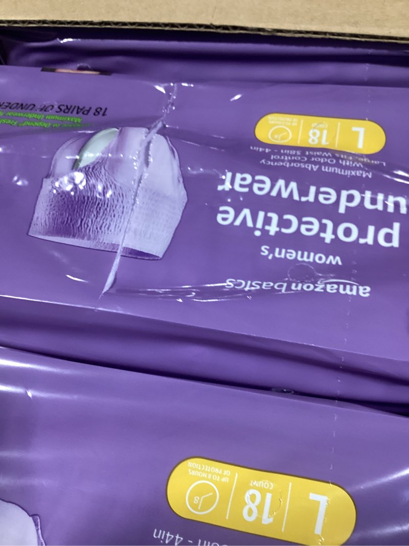 Condition photo showing New/Like New for amazon basics incontinence underwear for women, protective, disposable, postpartum, maximum absorbency, large, lavender, 54 count (3 packs of 18) large 54.0