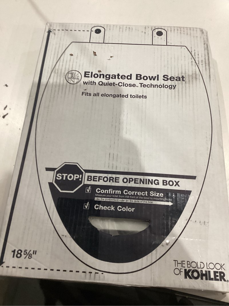 Condition photo showing New/Like New for kohler stonewood quiet-close elongated toilet seat, slow close design, durable wood, easy installation, universal fit, white finish, k-20466-0