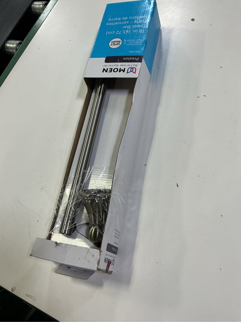 Condition photo showing As Is for Moen Preston Collection Brushed Nickel 18-Inch Single Bathroom Towel Bar, DN8418BN Brushed Nickel 18 Inch 18" Towel Bar