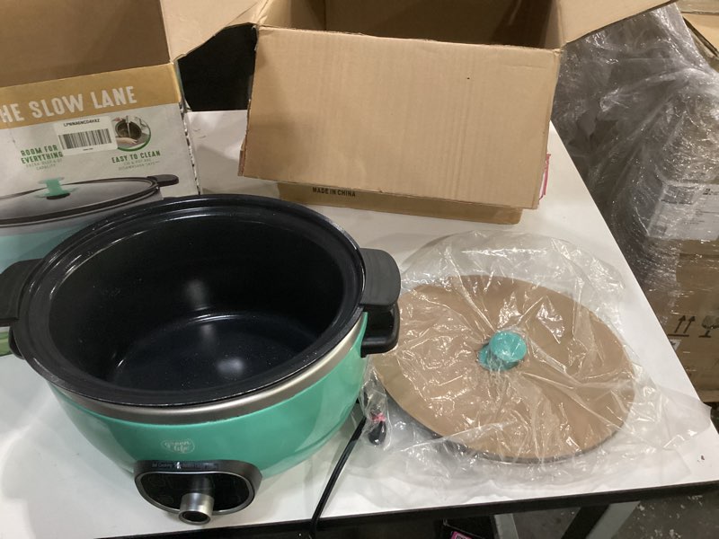 Condition photo showing As Is for not tested**** greenlife 6qt ceramic slow cooker, pfas-free, programmable, removable healthy nonstick pot for family meals, sear on stovetop, keep warm, digital timer, dishwasher safe crock, turquoise 6 quarts turquoise