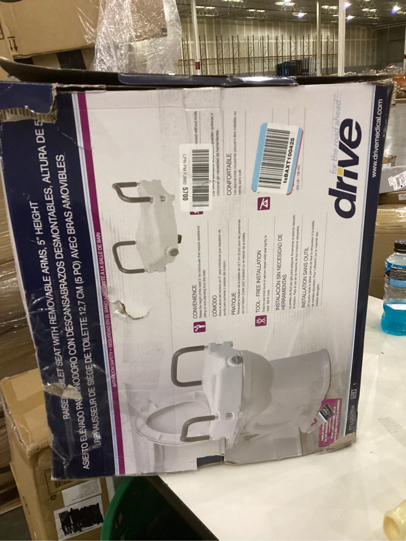 Condition photo showing As Is for Drive Medical 2-in-1 Raised Toilet Seat with Removable Padded Arms - Elevated Bathroom Safety Support - Secure Locking Attachment - Easy Height Assistance - Durable Plastic Construction Standard