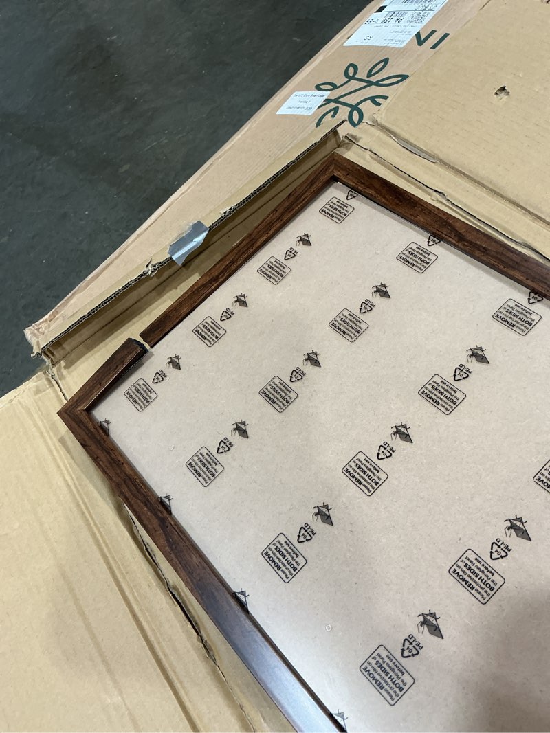 Condition photo showing As Is for hliwegns dark brown 13x39 frame -single frame - rustic woodgrain 13 x 39 poster frame with plexiglass for wall gallery display, 13x39 picture frame for puzzles, artwork, photos and posters brown 13x39 in