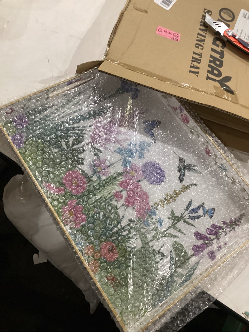 Condition photo showing Good Condition for serving tray with handles, rectangular plastic tray 15.75x11.81 inch, wildflower, butterflies & hummingbirds style decorative tray for kitchen, dining table, vanity, office & home green and purple wildflowers 1 pc 15.8" x 11.8" x 1.6"