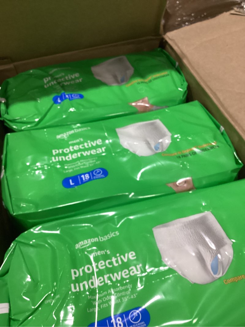 Condition photo showing As Is for amazon basics maximum absorbency incontinence underwear for men with leak protection and odor control, large, 54 count (3 packs of 18) large 54.0