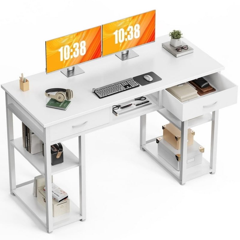 concetta 48 inch small desk with fabric drawers & storage shelves, computer desk, writing desk for home office, bedroom, white