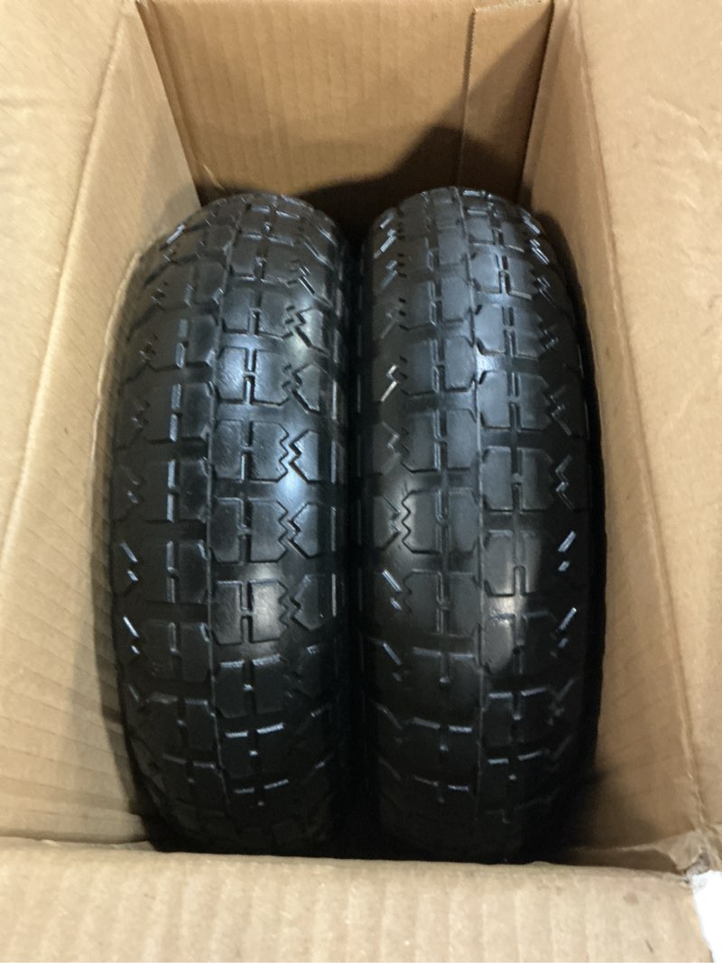 Condition photo showing New/Like New for 13" flat free tire and wheel, 4.00-6 rubber tires with 5/8" & extra 3/4" bearings, 1.8"-5.8" centered hub length, 4.00-6 tire replacement for wheelbarrow, gorilla cart, garden cart, hand truck, 2 pack 2pc 13x4-6 flat free