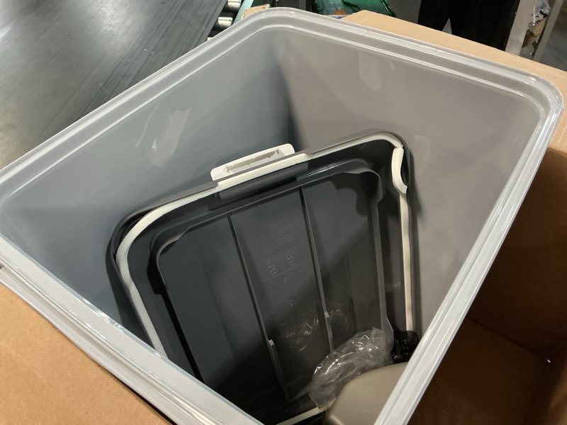 Condition photo showing Good Condition for iris usa dog food storage container with wheels, airtight lid, 2-cup scoop, up to 54 pounds pet food storage, built in scoop storage in lid, versatile pet food bin, portable, bpa free, gray/dark gray 54 lbs dark gray