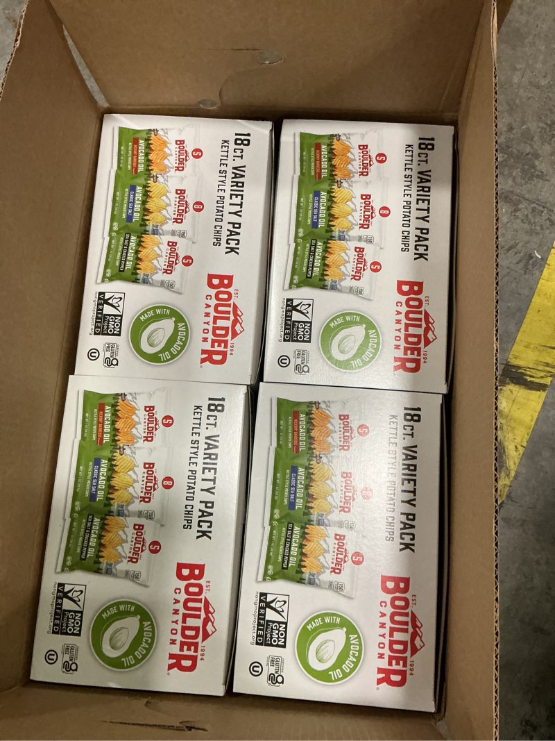 Condition photo showing New/Like New for ( best by 03/2026) 4 boxes:  boulder canyon avocado oil kettle style potato chips variety pack, 18 count - gluten-free, non-gmo, hickory barbecue, classic sea salt, sea salt & cracked pepper (1 oz bags)