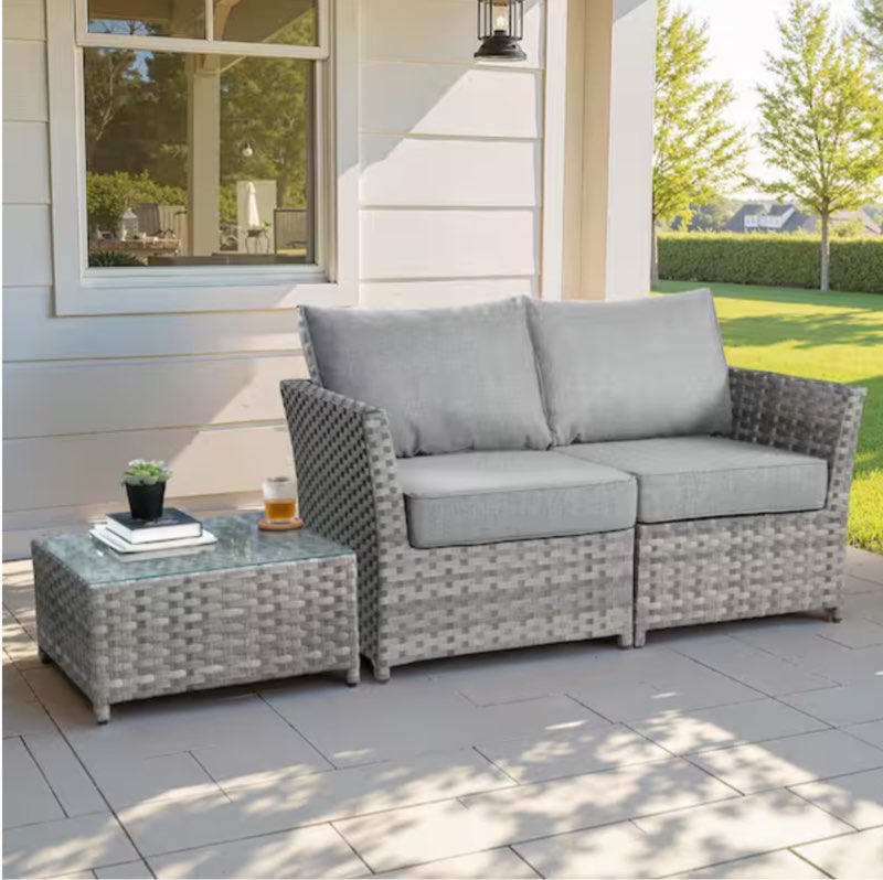 Vanilla 3 Pieces Wicker Patio Conversation Seating Sofa Set with Dark Gray Cushions (Incomplete, 1 box only)